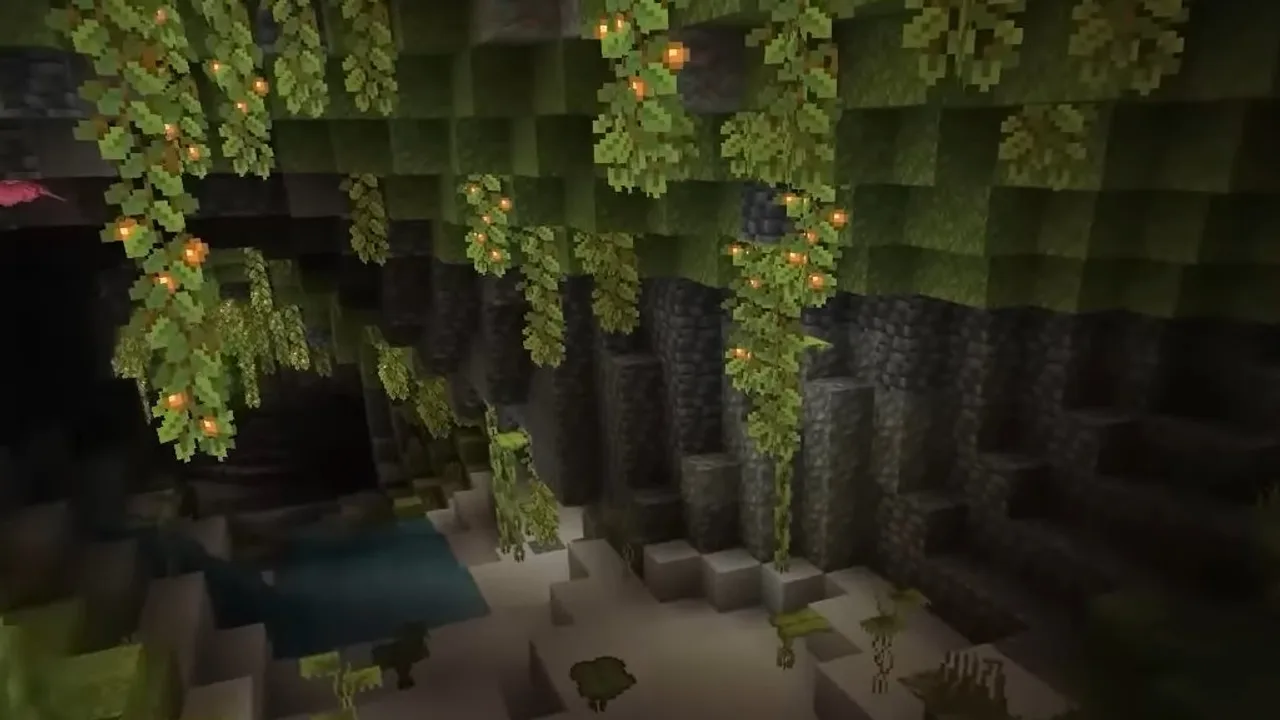 Representative Minecraft lush cave; this is not the exact seed