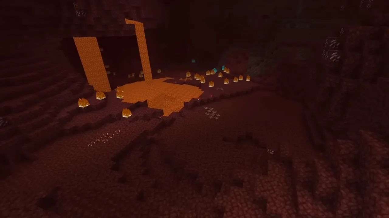 Representative Minecraft Nether terrain; this is not the exact seed